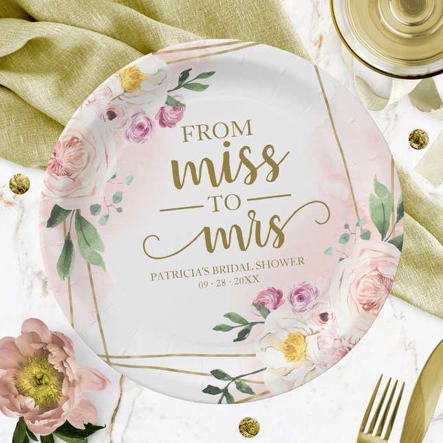 Miss to Mrs Blush Floral Geometric Bridal Shower Paper Plate (Creator Uploaded)