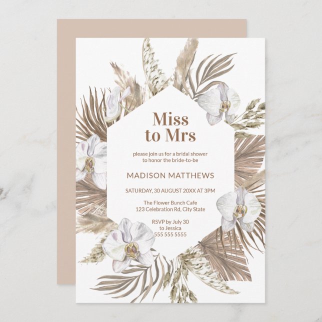 Miss to Mrs Boho Floral Bridal Shower Pink Pampas Invitation (Front/Back)