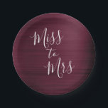 Miss to Mrs Bridal Shower Party Burgundy Paper Plate<br><div class="desc">Autumn or Fall From Miss to Mrs Bridal Shower or Bachelorette Party Burgundy Purple Elegant Faux Foil metallic Paper Plates. The From Miss to Mrs. paper plates use the popular Cranberry Marsala background and white typography. This paper plate is part of a Miss to Mrs. Collection if you need matching...</div>