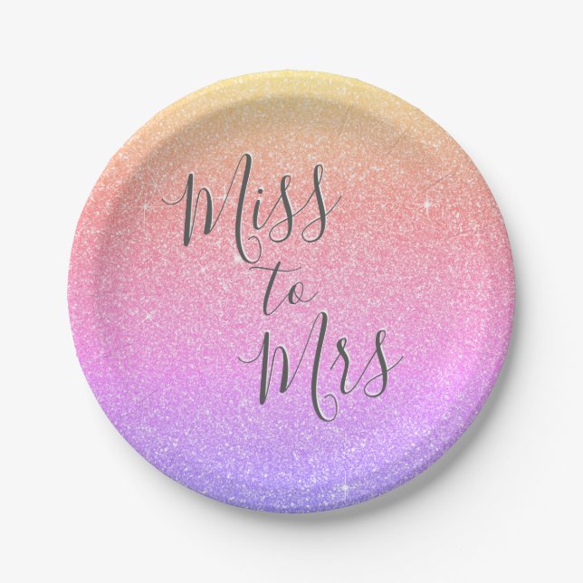 Miss to Mrs Bridal Shower Party Rainbow Glitter Paper Plate (Front)