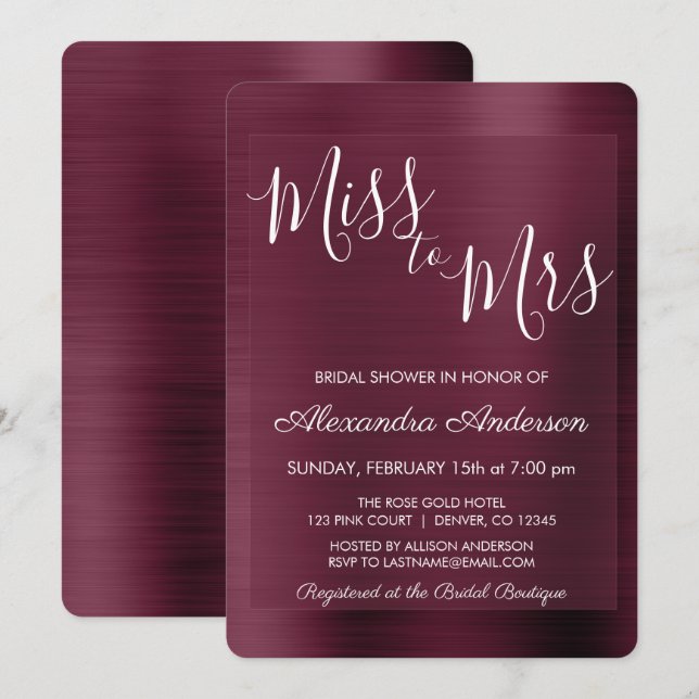 Miss to Mrs Burgundy Bridal Shower Invitation (Front/Back)