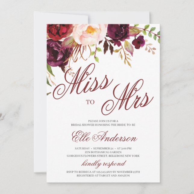 Miss to Mrs burgundy floral boho bridal shower Invitation (Front)