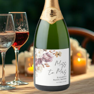 Miss To Mrs   Burgundy Floral Fall Bridal Shower Sparkling Wine Label