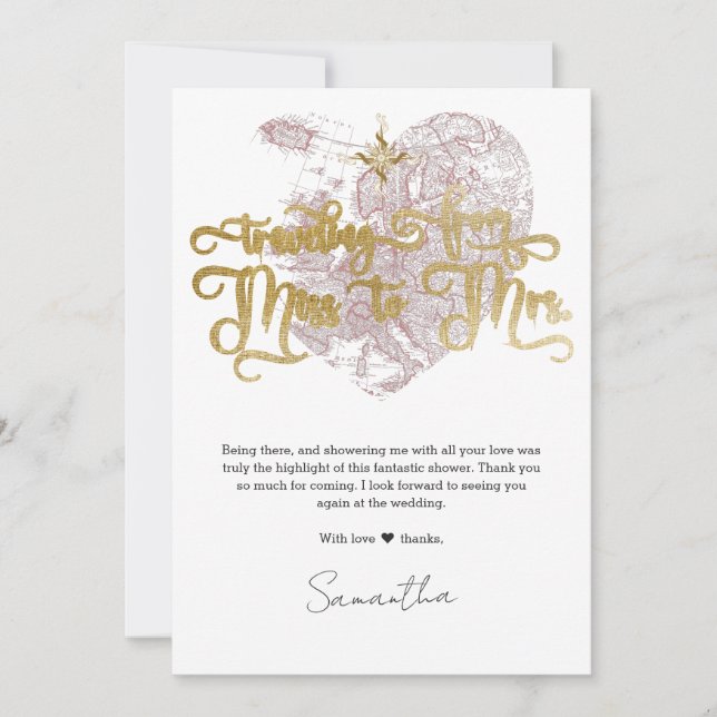 Miss to Mrs Chic Heart Map Travel Bridal Shower Thank You Card (Front)