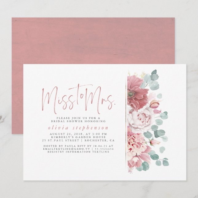 Miss to Mrs Dusty Pink Floral Bridal Shower Invitation (Front/Back)