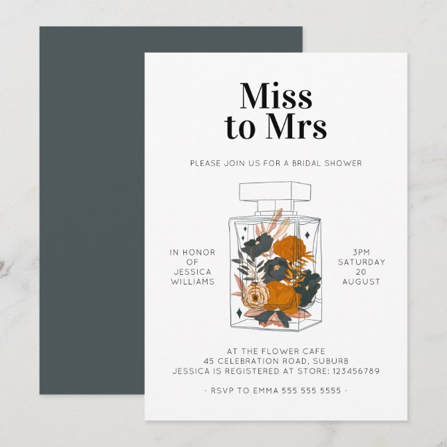 Miss to Mrs Floral Perfume Bridal Shower Blue Pink Invitation (Front/Back)