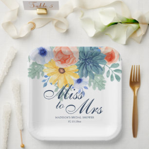 Miss To Mrs Floral Succulent Macaron Bridal Shower Paper Plate