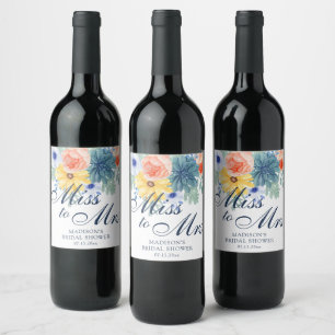 Miss To Mrs Floral Succulent Macaron Bridal Shower Wine Label