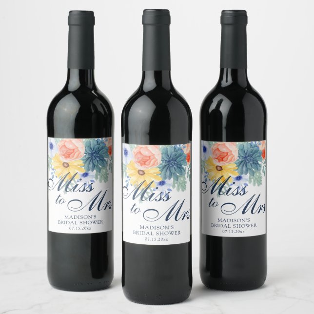 Miss To Mrs Floral Succulent Macaron Bridal Shower Wine Label (Bottles)