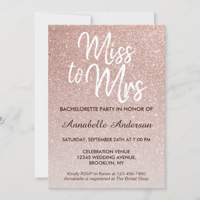 Miss to Mrs Glam Pink Rose Gold Bachelorette Party Invitation (Front)