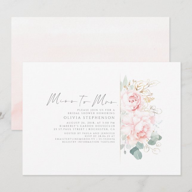 Miss to Mrs Gold and Pink Floral Bridal Shower Invitation (Front/Back)