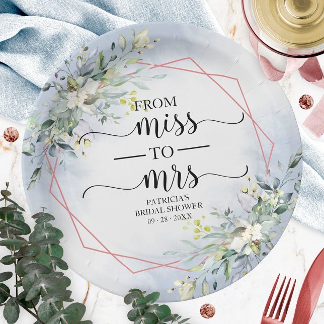 Miss to Mrs Greenery Geometric Bridal Shower Paper Paper Plate (Creator Uploaded)