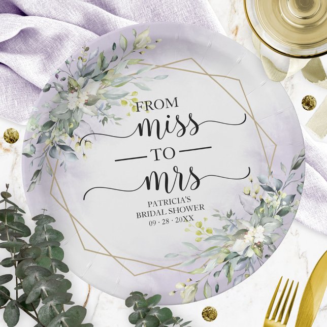 Miss to Mrs Greenery Geometric Bridal Shower Paper Plate (Creator Uploaded)