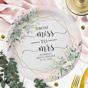 Miss to Mrs Greenery Geometric Bridal Shower Paper Plate
