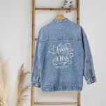 Miss To Mrs | Marriage Heart & Ring Custom Name Denim Jacket<br><div class="desc">Celebrate and announce to the world that you're going from a Miss to a Mrs! This trendy bride-to-be denim jacket is designed with our typographic "Miss to Mrs" graphic. The design is adorned with a simple heart and wedding marriage diamond ring designed in a compact, trendy, and stylish typographic text...</div>
