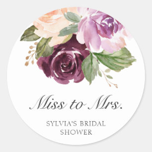 Miss to Mrs Moody Plum Floral Bridal Shower Favour Classic Round Sticker