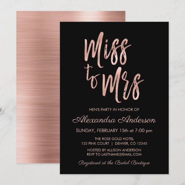 Miss to Mrs Pink Rose Gold Hen's Party Invitation (Front/Back)