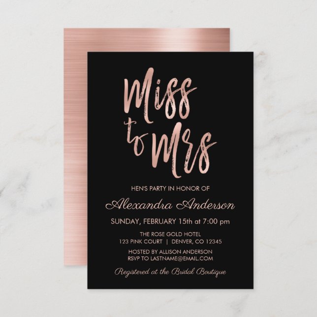 Miss to Mrs Pink Rose Gold Hen's Party Invitation (Front/Back)