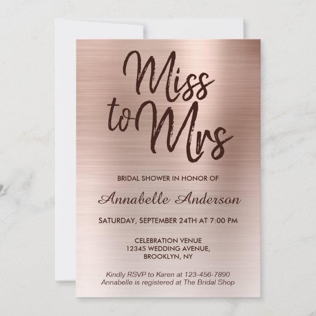 Miss to Mrs Pink Rose Gold Metal Bridal Shower Invitation (Front)