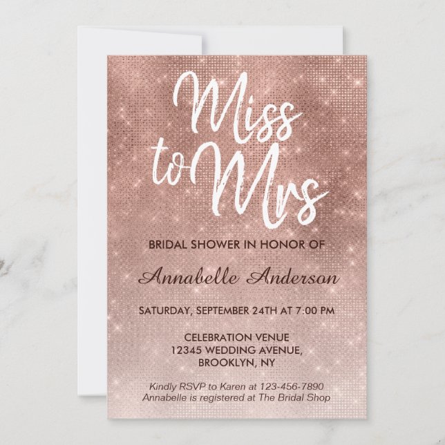 Miss to Mrs Pink Rose Gold Shimmer Bridal Shower Invitation (Front)