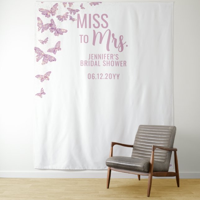 Miss to Mrs Purple Gold Butterfly Bridal Backdrop Tapestry (In Situ)