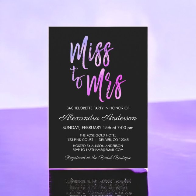 Miss to Mrs Purple Pink Bachelorette Party Invitation (Creator Uploaded)