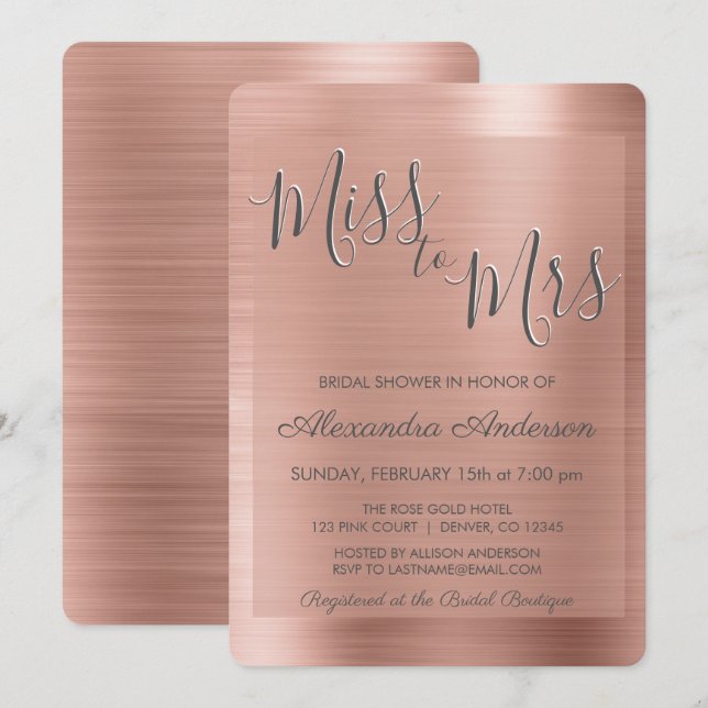 Miss to Mrs Rose Gold | Blush Pink Bridal Shower Invitation (Front/Back)