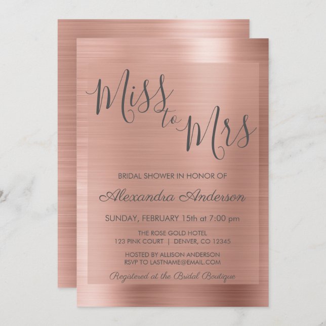 Miss to Mrs Rose Gold | Blush Pink Bridal Shower Invitation (Front/Back)
