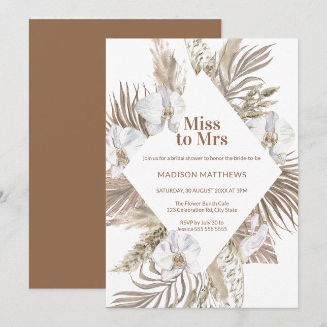 Miss to Mrs Tan Copper Boho Floral Bridal Shower I Invitation (Front/Back)