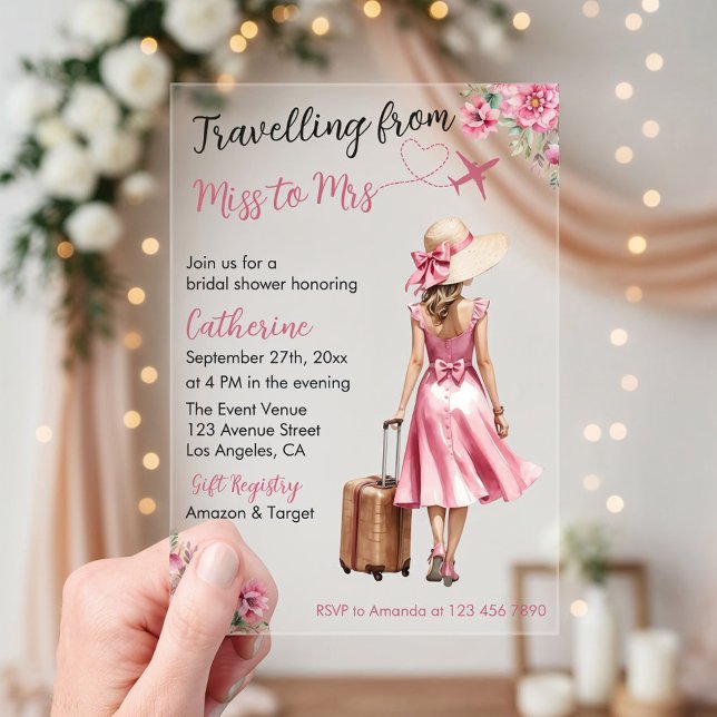 Miss To Mrs Travel Pink Bow Dress Bridal Shower Acrylic Invitations (Front view traveling from miss to mrs world travel bridal shower love is journey acrylic invitation)