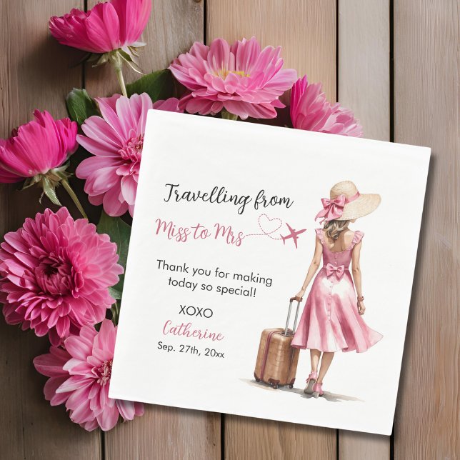 Miss To Mrs Travel Pink Bow Dress Bridal Shower Napkin (Flat lay love is a journey around the world map bridal shower travelling from miss to mrs napkin)