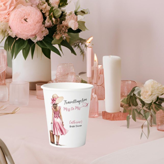 Miss To Mrs Travel Pink Bow Dress Bridal Shower Paper Cups (Front view love is journey around the world destination bridal shower travelling from miss paper cup)