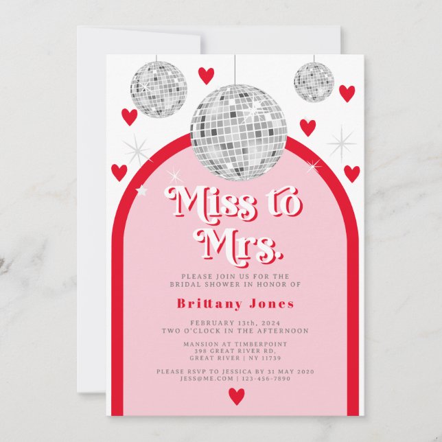 Miss to Mrs Valentines Heart Disco Bridal Shower Invitation (Front)