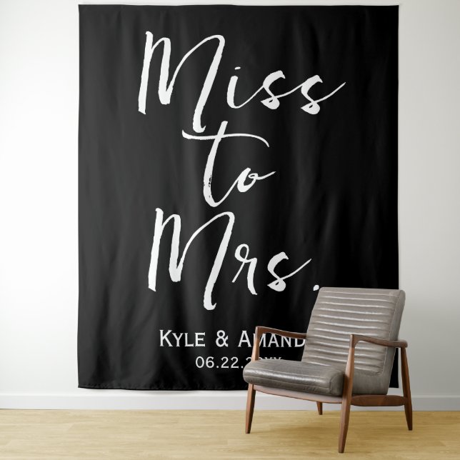 Miss to Mrs Wedding Bridal Shower Backdrop Black Tapestry (In Situ)