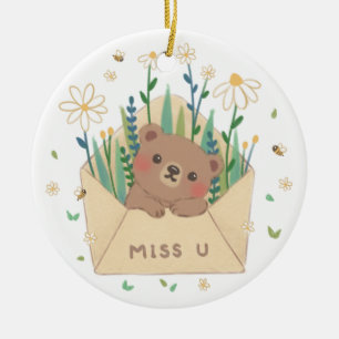 MISS U: Teddy Bear & Flowers in Envelope Ceramic Tree Decoration