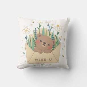 MISS U: Teddy Bear & Flowers in Envelope Cushion