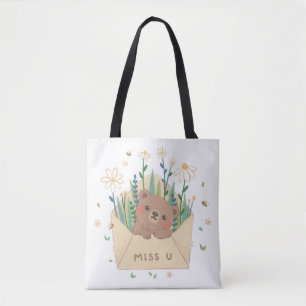 MISS U: Teddy Bear & Flowers in Envelope Tote Bag
