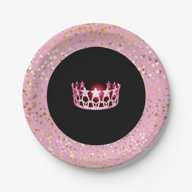 Miss USA Crown Paper Plates-Golden Stars PInk Paper Plate (Front)