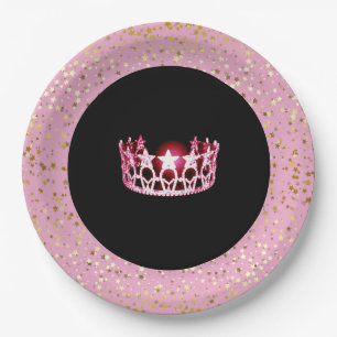 Miss USA Crown Paper Plates-Golden Stars PInk Paper Plate