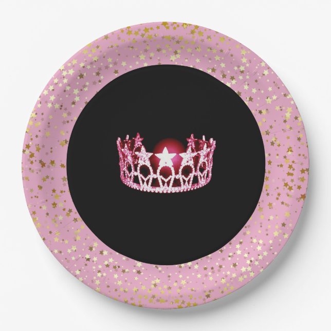 Miss USA Crown Paper Plates-Golden Stars PInk Paper Plate (Front)