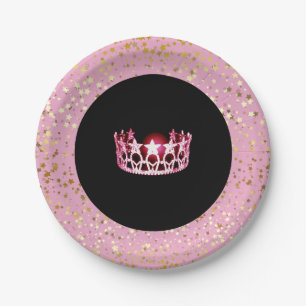 Miss USA Crown Paper Plates-Golden Stars PInk Plate