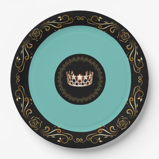 Miss USA Turquoise Gold Crown 9" Paper Plates (Front)