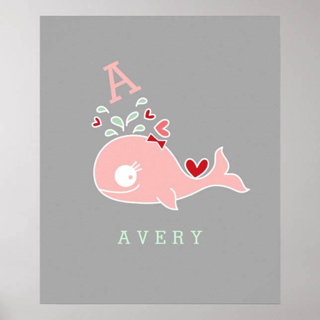 Miss Whale Red Bow Monogram Girl Nursery Wall Art (Front)
