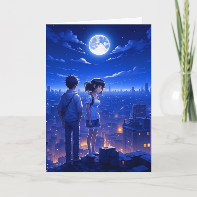 Miss You | Anime Couple under the Moon Card (Front)