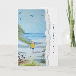 Miss You child on beach watercolor artwork Card