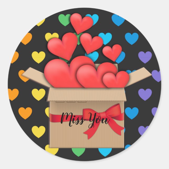 Miss You, colourful heart design Classic Round Sticker (Front)