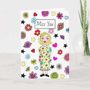 Miss You, Friendship, Whimsical Girl with Flowers Card