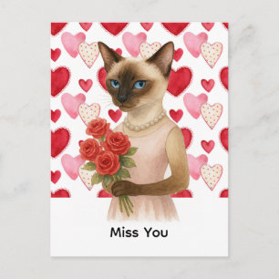 Miss you from Siamese Cat Mom holding roses Holiday Postcard