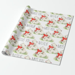 Miss you personalised bear heart watercolor art wrapping paper