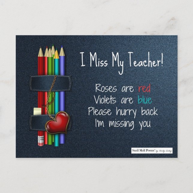 Miss You Poem for Teacher from Student Postcard (Front)